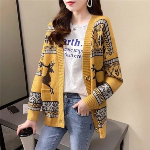 2021 Women Fashion Retro Ethnic Style Sweater Coat Female Spring Autumn New Korean Loose Lazy Wind Cardigan Top Sueters De Mujer