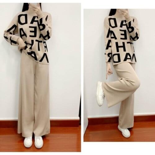 Letter Print Knitted Three Pieces Set Womens Casual O-neck Pullover Open Front Cardigan Elastic Waist Solid Wide Leg Pants Suit