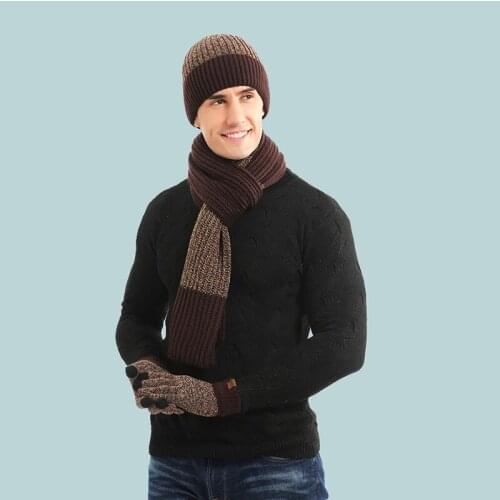 Winter knitted warm hat scarf gloves three-piece set Mens and womens knitted woolen thickened hats scarves gloves wholesale