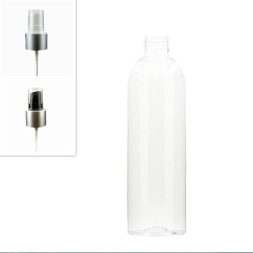 250ml empty cosmo round plastic bottle, clear pet bottle with black/white aluminum shell fine mist sprayer