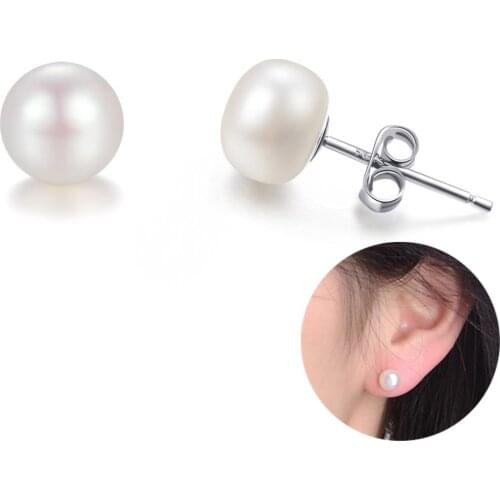 5-12mm 925 Sterling Silver Real Freashwater Cultured Flat Pearl Earring White Button Pearl Stud Earrings