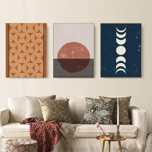 Abstract Wall Art Sun Moon Posters Modern Mid Century Boho Canvas Painting Geometric Wall Pictures for Living Room Home Decor