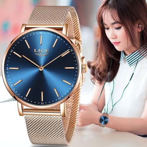 LIGE Super Slim Rose Gold Mesh Stainless Steel Watches Women Top Brand Luxury Casual Clock Ladies Wrist Watch Lady Reloj Mujer