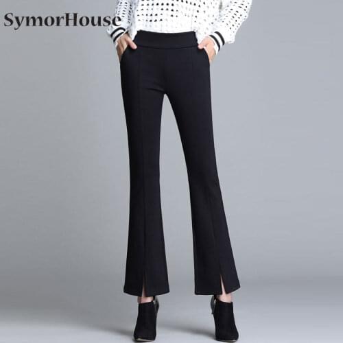 Black Elegant Office Lady Elastic Waist Flare Hem Pants Casual Solid Slit Pants Spring Autumn Women Loose Ankle-lenght pants