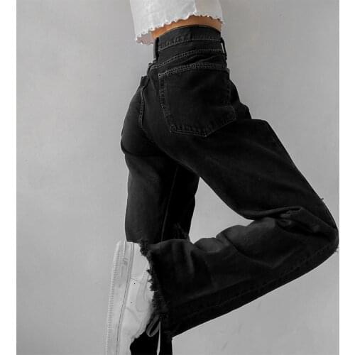 Black Ripped Jeans Women High Waist Loose Straight-leg Pants Retro Street Fashion Clothing Long Autumn Cargo Pants Women