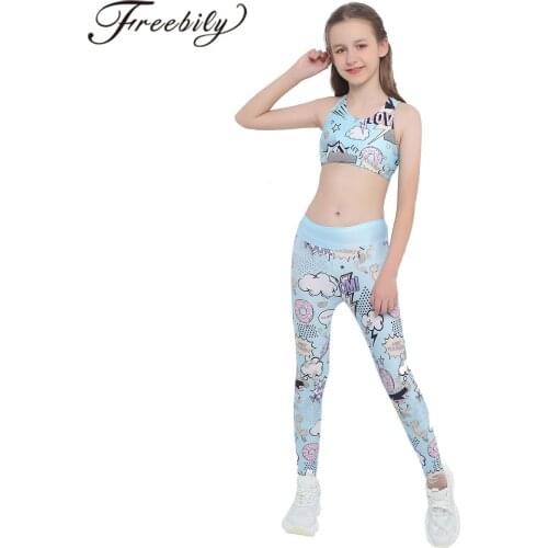 Children Girl Printed Cartoon Fashion Sportswear Sleeveless Crop Top Long Pants 2 Pcs Gym Workout Clothes Yoga Suits Sports Set
