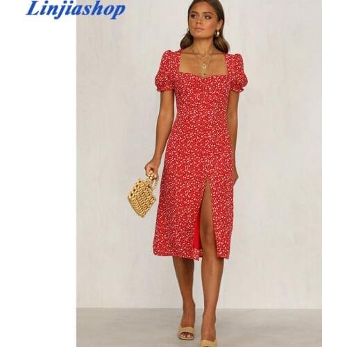 Elegant floral print midi dress woman sashes square collar short sleeve reform long chic party split dress femme vestidos