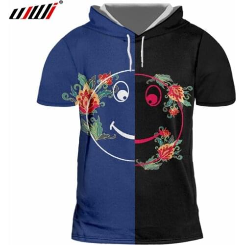 UJWI New Mens 3D Printed Funny Hooded Tshirt Colored Flowers Pattern Bodybuilding Man Smiley Face Harajuku Blue Tee Shirt