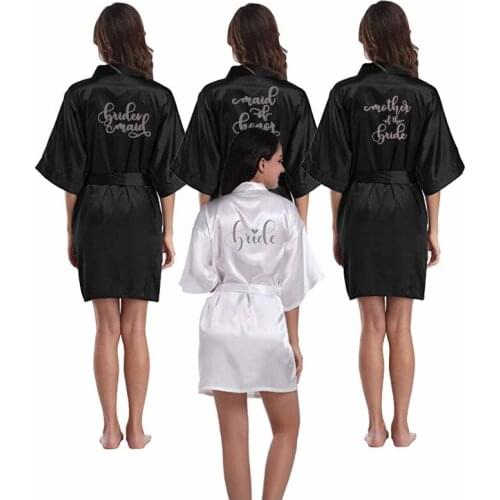 New bride bridesmaid robe with white black letters mother sister of the bride wedding gift bathrobe kimono satin robes