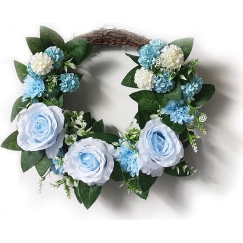 Rose Flower Wreath Wedding Decoration Blue Style Artificial Wreath Garland Christmas Decorations for Home Willow Wreaths 45cm