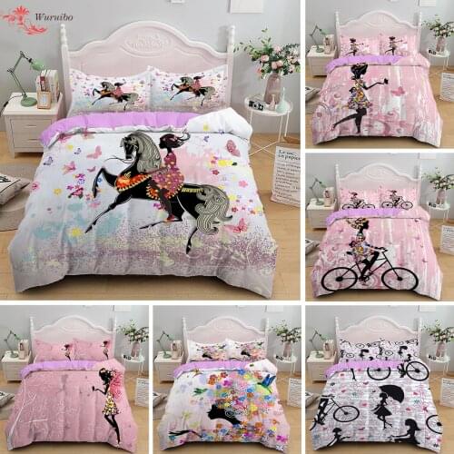Girl Flower Fairy Printed Bedding Sets Pink And Purple Duvet Cover Set 2/3Pcs For Bdby Kids Single King Size Quilt Comforter Set