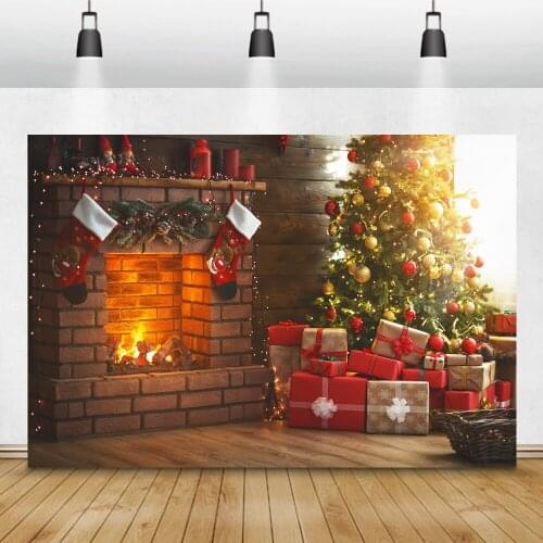 Laeacco Photographic Backdrops Christmas Tree Fireplace Gift Sock Child Portrait Photography Backgrounds Photocall Photo Studio