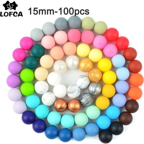 LOFCA 15mm 100pcs silicone Beads food grade Round Teether Beads Baby Chewable Teething Beads Pacifier Pendant Making Accessories