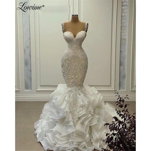 Lowime 2021 Couture Beaded Plus Size Mermaid Wedding Dresses Crystals Spaghetti Long Bridal Gowns Robe De Mariage Bride Dresses