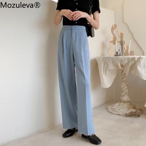 Mozuleva 2021 Summer Casual High Waist Loose Straight Pants for Women Office Ladies Button Wide Leg Trouser Full Length Pants