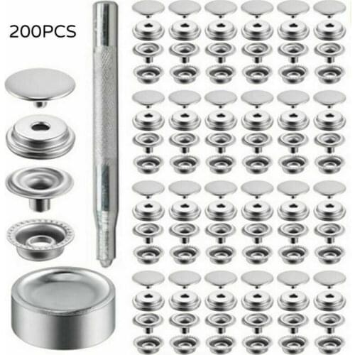 200pcs Snap Fastener Set Stainless Steel Tarpaulin Camping Sew-free Kit Buttons+2pcs Tools For Crafts Clothing