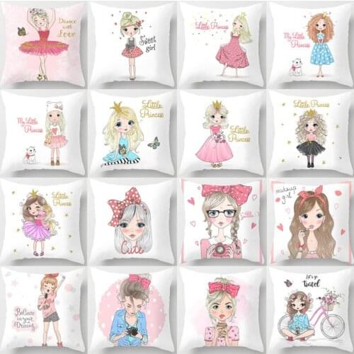 Cartoon Girl Printed Cushion Cover Holiday Decoration Pillow Case Pink Home Decor Cute Party DIY Accessories