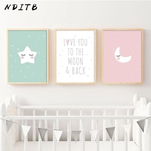 NDITB Cartoon Moon Star Canvas Art Posters Nursery Prints Painting Wall Picture Baby Room Decoration Love You The Moon and Back