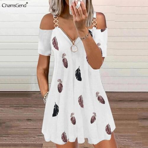 Feather Print Dress Womens V Neck Hollow Zipper Dresses Short Sleeve Strap Open Back Loose Mid-length Dress Womens Clothing