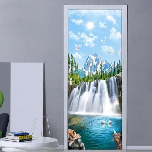 PVC Self-Adhesive 3D Door Sticker HD Natural Waterfall Scenery DIY Wall Sticker For Living Room Door Decor 3D Wall Paper Mural