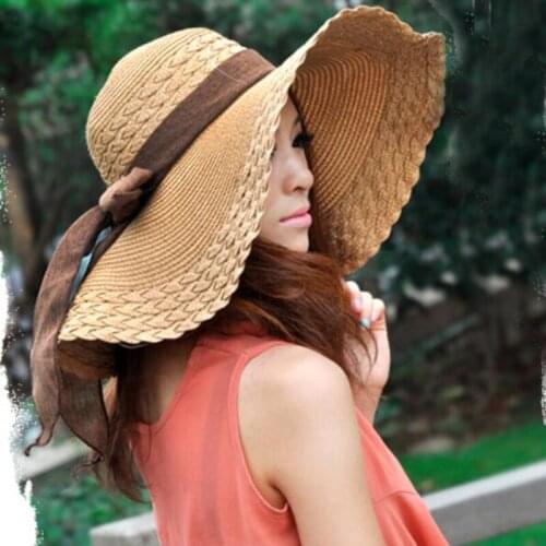 Korea Style Women Summer Hats Big Bow Solid Large Wide Brim Hats Packable Floppy Beach Sun Hat Female Straw Hats