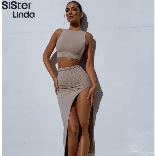 Sisterlinda Summer Sexy Party 2 Piece Matching Set Women Fashion Sleeveless Tank Tops+Side Split Long Skirts Elegant Soft Outfit