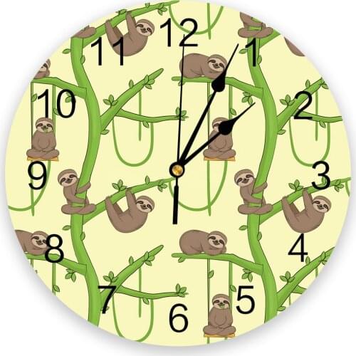 Modern Wall Clock Cartoon Animal Sloth Green Branch PVC Wall Clock Home Decor Bedroom Silent Oclock Watch Wall for Living Room