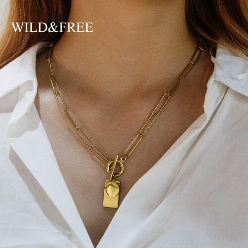 Wild&Free Stainless Steel Geometric Pendant Choker Necklace For Women Gold Round Rectangle Toggle Chain Chunky Necklaces Jewelry