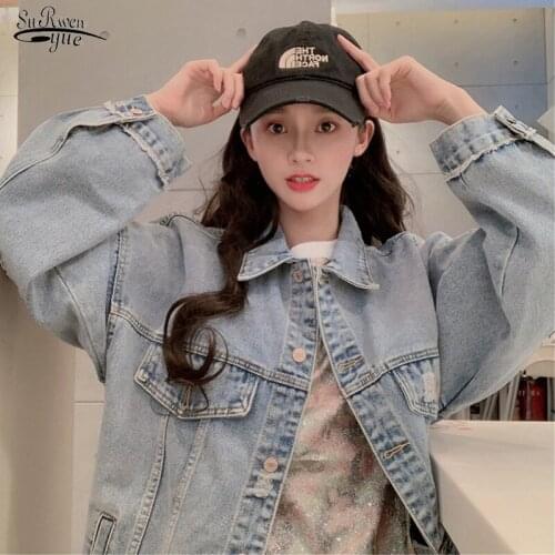 Vintage 2021 Streetwear Long Sleeve Jean Coat Jacket Casual Loose Blue Denim Jacket Women Big Size Spring Outwear Female 16758