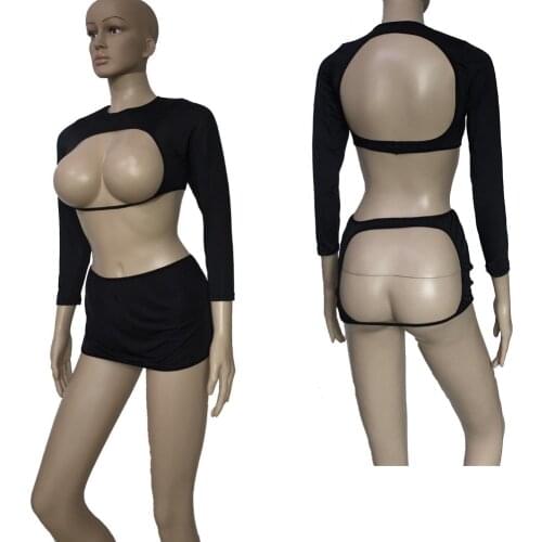 Plus Size Sexy Sheer Opaque Cupless Long Sleeve Cami Top with Open Buttock Micro Mini Skirt Lingerie Set Fancy Dress Costume