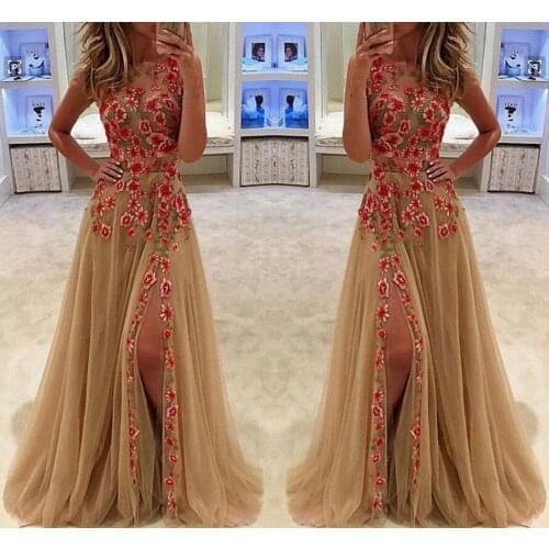 High quality woman maxi party dress floral embroidery female sexy furcal dress star style ladies sleeveless a-line dress
