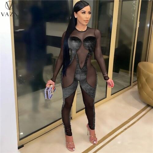 VAZN 2021 Autumn Patchwork Suede Lace Sexy Sweet Style Young Full Sleeve Women Skinny Pencil Jumpsuits
