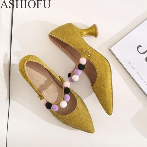 ASHIOFU New Ladies 6.5cm Heel Pumps Wedding Party Prom Dress Shoes Large Size Mary Janes Fashion Evening Court Shoes