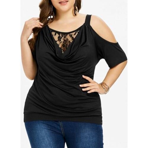 5xl Plus Size Solid Blouse Women Lace Patchwork Hollow Out Shirt Cowl Neck Casual Tunic Top Cold Shoulder Camis Tops Camisa A5
