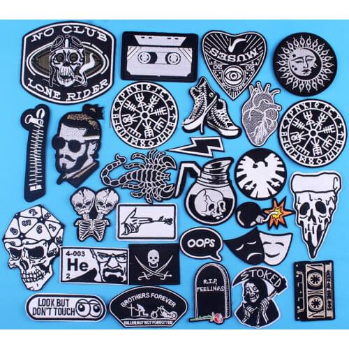 Black And White Patches For Clothing Skull Letter Iron On Patches On Clothes Rock Embriodered Applique Cloth Clothing Stickers
