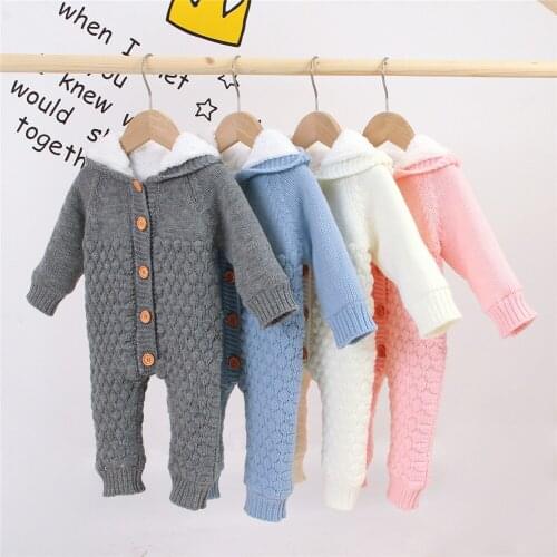 Infant Baby Long Sleeve Knitted Jumpsuit Winter Fashion Solid Hooded Single-breasted Thicken Autumn Winter One Piece Long Pants