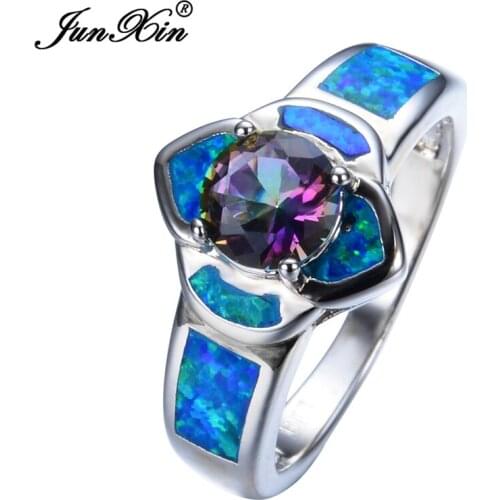JUNXIN Men Women Blue Fire Opal Ring With Rainbow Zircon Gold Filled Fashion Jewelry Vintage Wedding Rings Gifts RP0035