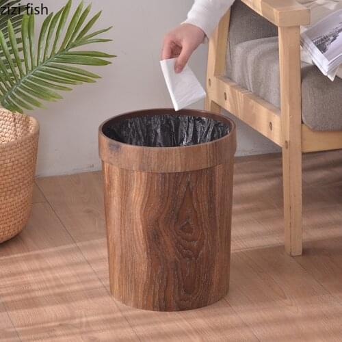 Round Shape Plastic Trash Can Imitation Wood Grain Garbage Bin Without Cover Wastebasket Home Trash Bin Garbage Storage Basket