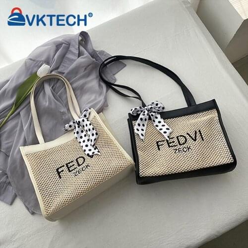 Fashion Letters Print Shoulder Bag Woven Beach Vacation Silk Scarf Handbag Summer Women Bags Girls Small Beach Handbag