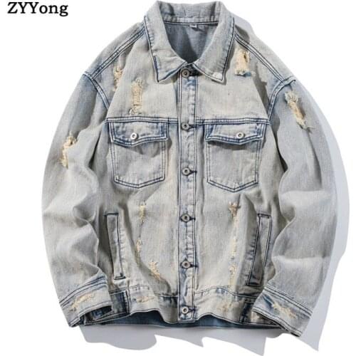 New Bomber Ripped Denim Jacket Men Hole Jean Coats Cotton Long Sleeve Retro Outdoors Loose Youth Cowboy Casual Nostalgia Clothes