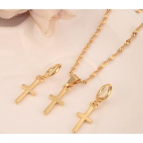 Gold small cross Pendant Necklace chain Earrings sets Jewelry Gold Christian jewelry sets for women girl Best Jesus Gifts