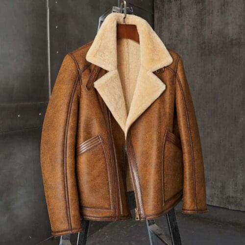 New Mens B3 Shearling Jacket Brown Leather Jacket Flight Jacket Short Fur Coat Fashion Motorcycle Jacket