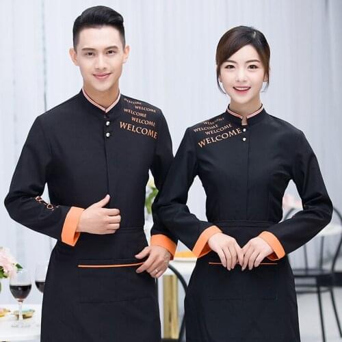Hotel Work Clothing Autumn/Winter Long Sleeve Emboridered Letters Uniform with Apron Overalls Restaurant Waiter Cook Wear