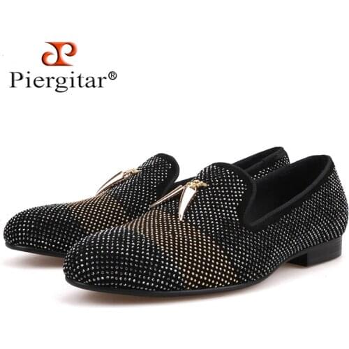 Piergitar 2018 new style Mixed Colors Rhinestone men shoes leather upper and insole Party and wedding Slip-on mens loafers