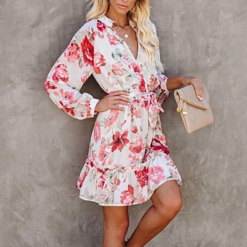 Women Robe Femme Spring Autumn Print A-Line Dresses Single-Breasted Bandage Ruffles V-Neck Long Sleeve Dress For Woman Vestidos