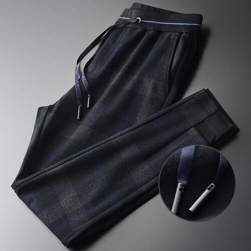 Yarn-dyed Plaid Mens Luxury Autumn Combined Fabric Elastic Waist Men Plus Size 4xl Slim Fit Sport Pants Man
