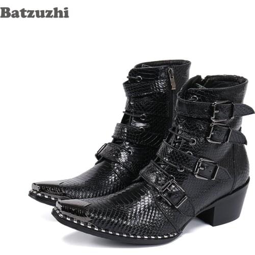Batzuzhi 6.5cm High Heels Western Cowboy Mens Boots Black Pointed Toe Leather Short Boots Men Buckles Motorcyle/Biking Botas