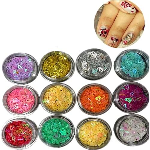 12Pcs Love Tips Nail Art Heart Pink Red Colors Nail Glitter Mixed Tip 3D Polish Makeup Decoration Eye Shadows Beauty Hollow Out