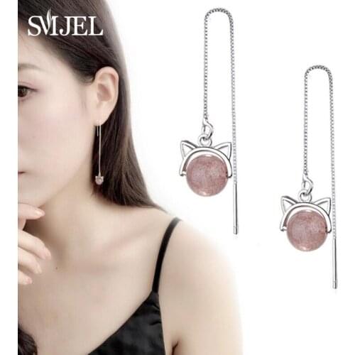 SMJEL Lovely Cat Earrings Stud Thai Sliver Strawberry Crystal Natural Stone Bead Earring Women Earrings Korean Lady Jewelry