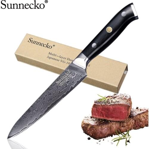 SUNNECKO Professional 5 inch Steak Knives Damascus Steel Japanese VG10 Sharp Blade Kitchen Knives G10 Handle Meat Cutter Knife